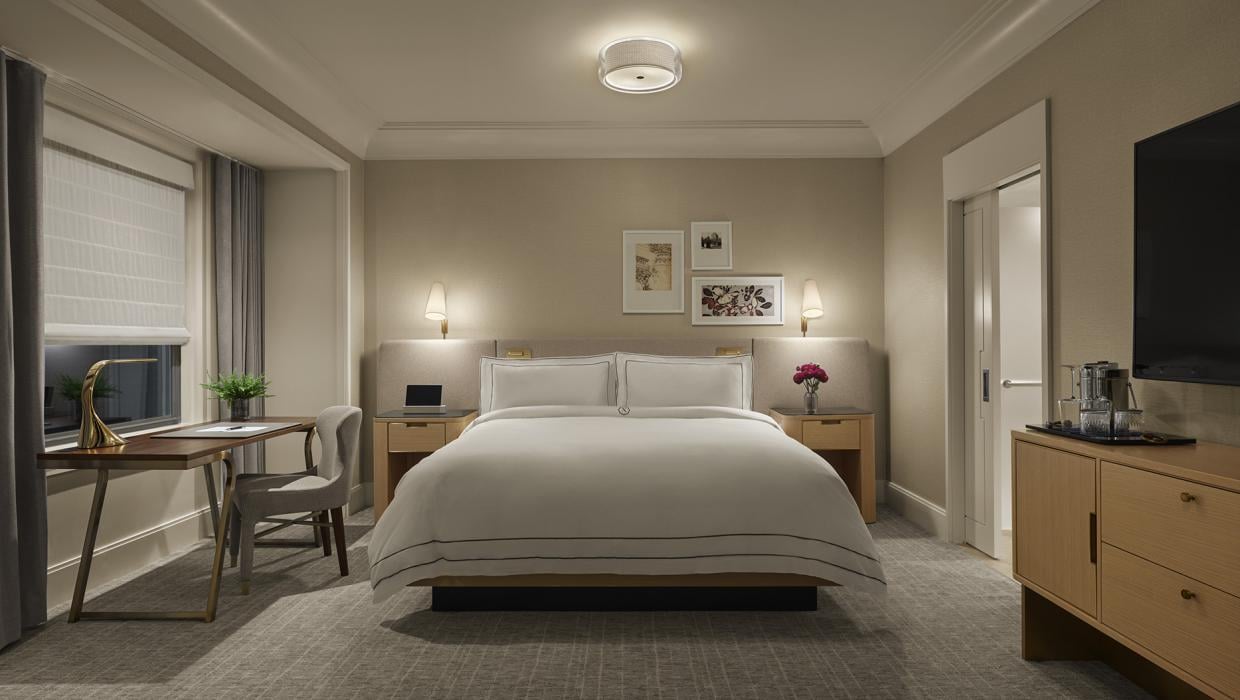 king bed in lit up bedroom