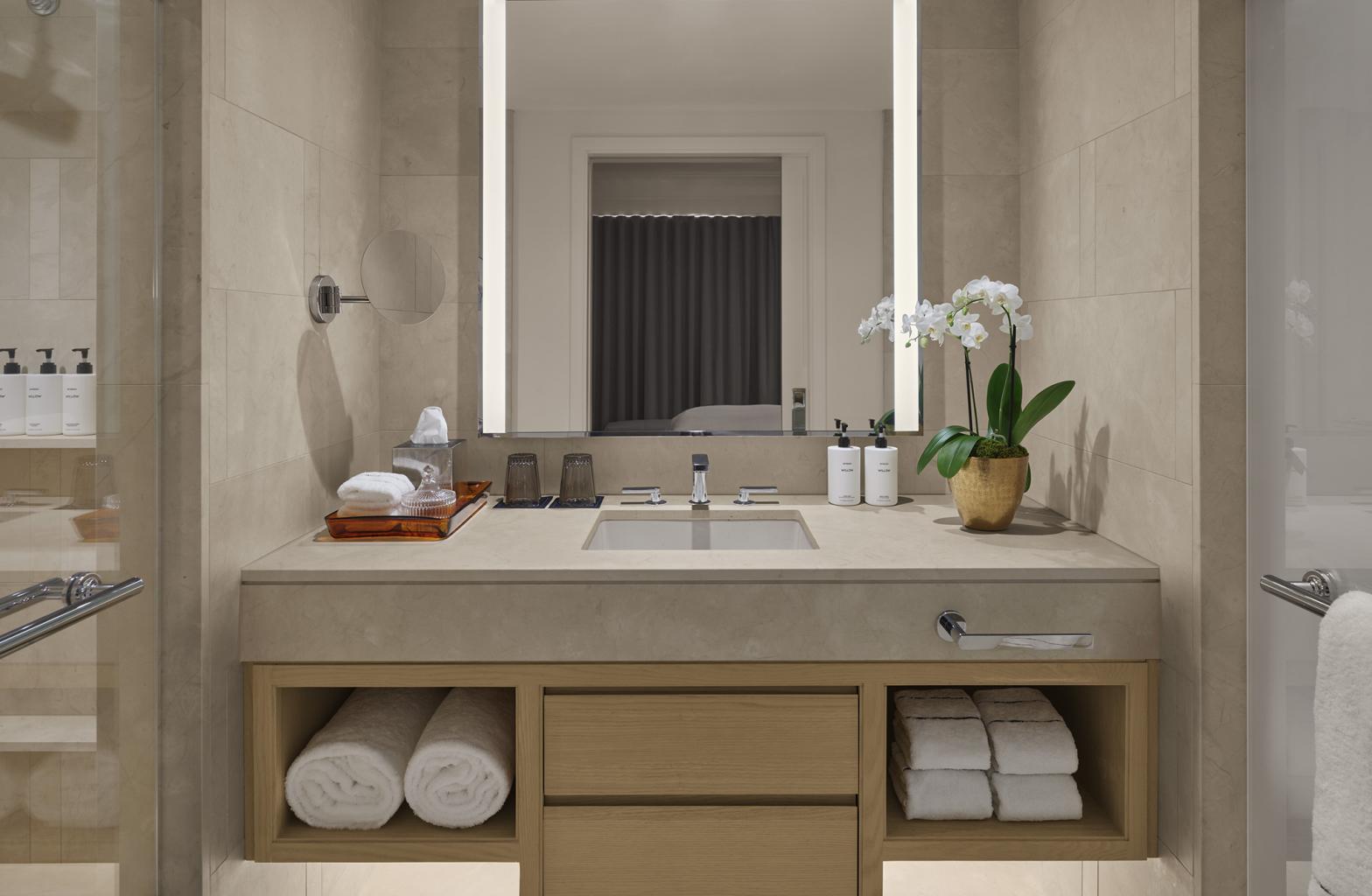 view of bathroom sink with orchids sitting on counter top