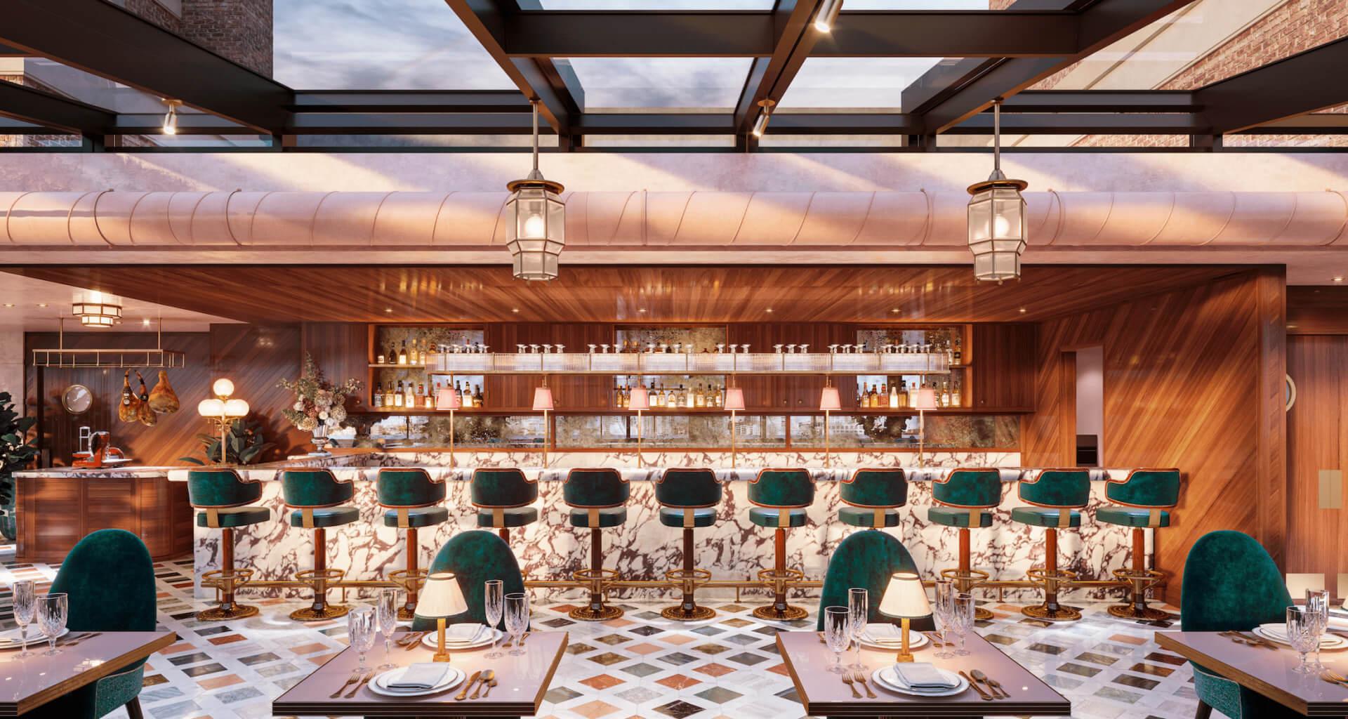 interior rendering of Contessa rooftop restaurant