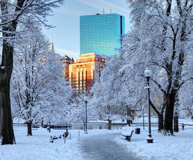 The Newbury Boston from The Public Garden covered in snow